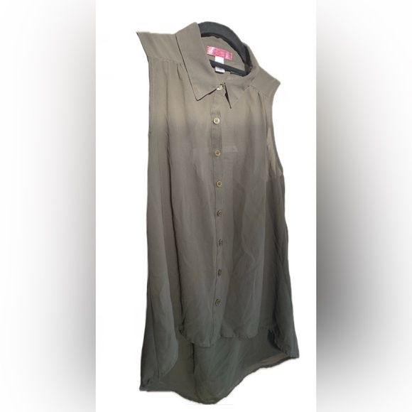 Sheer Olive Green Tank Button Up with Back Cut Out - Picture 2 of 3